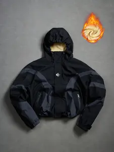 Y2K windproof color-block jacket with fleece lining—thickened fleece interior plus outer color-block panels and embroidered prints; adjustable hood drawstring and hem design; windproof and warm, resists pilling, suitable for everyday commuting and outdoor
