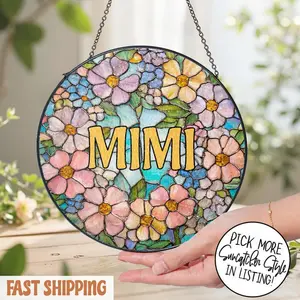 Personalized Floral Stained Glass Suncatcher for Grandma Mimi Nana Gigi, Grandmother Gift from Grandkids, Birthday Gift, Mothers Day Gift, Custom Floral Window Hanging Decor