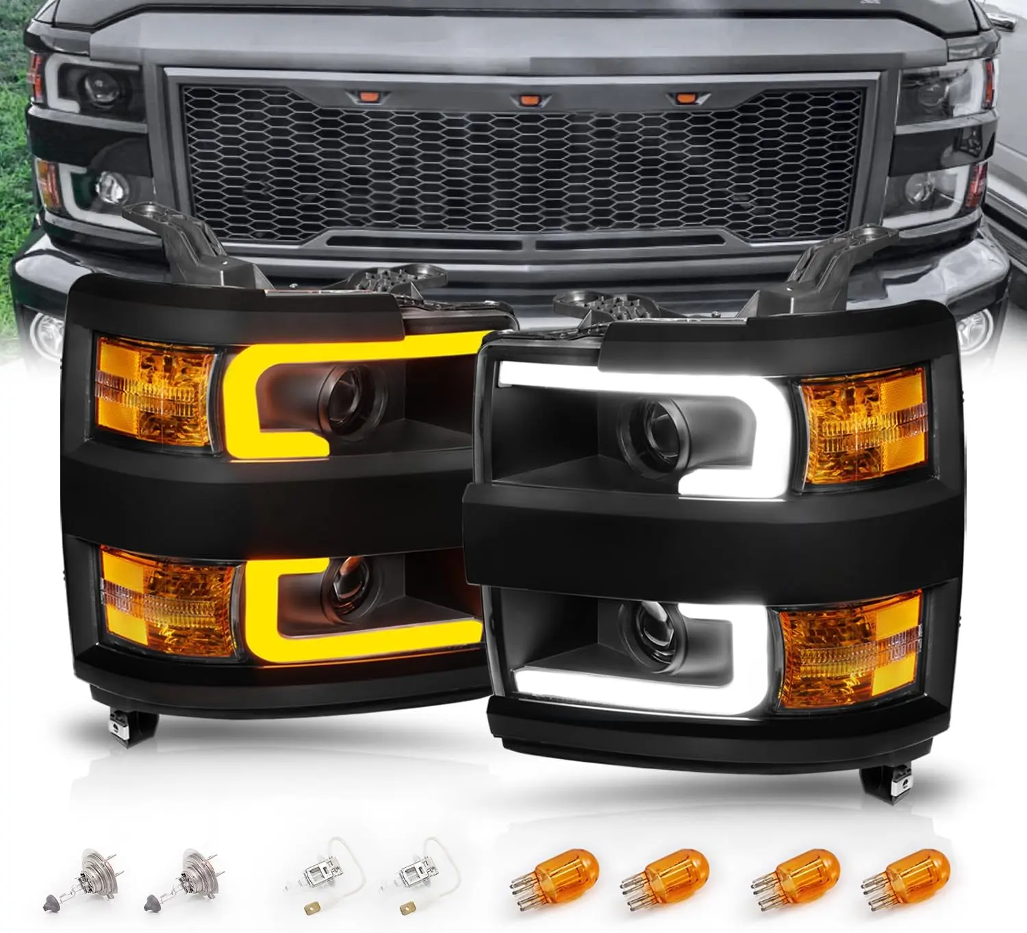 AmeriLite for 2015-2019 Chevy Silverado 2500HD 3500HD Pickup w/Switchback LED Tube All Dark Black Square Projector Headlights Assembly Set - Passenger and Driver Side