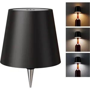 Wine Bottle Lights, Wireless Bottle Lamp Shade with 3 Color Temperature, Rechargeable Stepless Dimming LED Bottle Lights for Liquor Bottles, Desk Lamp for Bedroom Restaurant Bar - Black