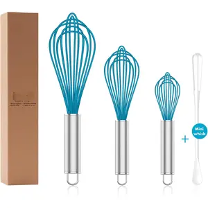 Whisk,Heat Resistant 480?F Whisks For Cooking Non Scratch,Stainless Steel wired wisk,Plastic Rubber Whisk Tool For Nonstick Cookware Pans,Silicon Wisks Set of 4,Blue