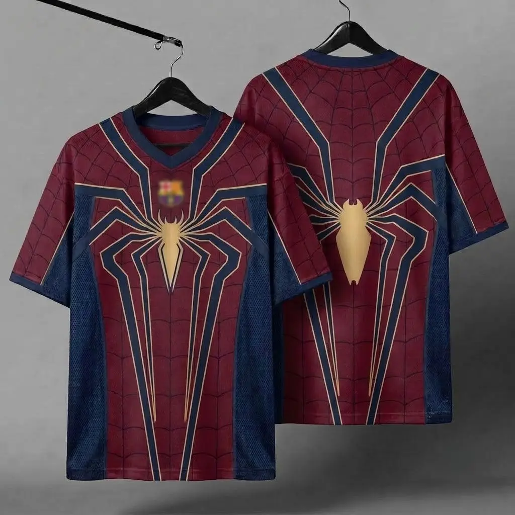 Red Blue Gold Spider Web Jersey, Web Graphic Shirt, All Over Print , Dark Metallic Athletic Streetwear Top, Unique Custom Style Jersey