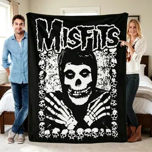 Misfits Skull Graphic Flannel Blanket, Iconic Punk Rock Design with Bold Skull Motifs, Soft Plush Cozy Throw for Lounging Snuggling, Viral Gothic Home Decor & Halloween Gift for Punk Horror Fans, Bed Sofa Living Room Travel Camping hooded blue
