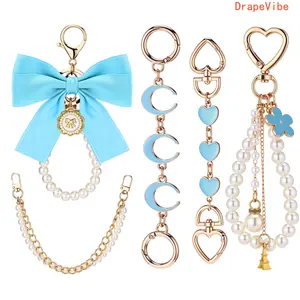 Bow Detail Pearl Clip On Extender Chain 5 Pcs Gold Metal Structure With Secure Clasp Girly Stylish Bag Accessory And Charm