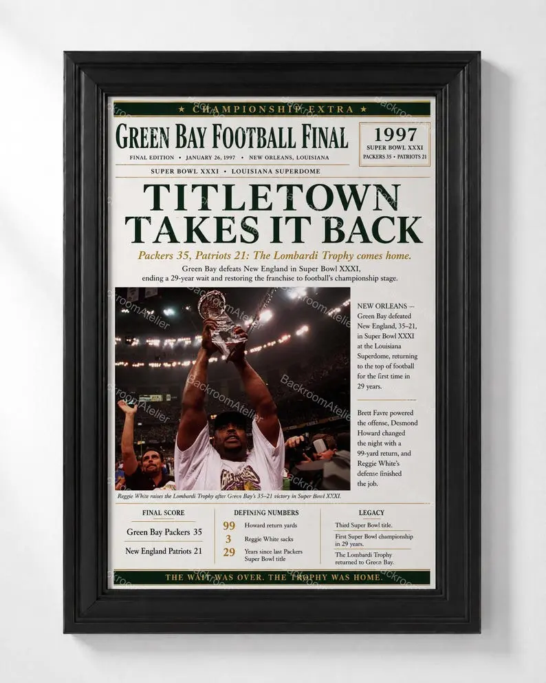 Reggie White 1997 Bowl XXXI Print, Green Bay Packers Titletown Newspaper Wall Art, Vintage Football Poster
