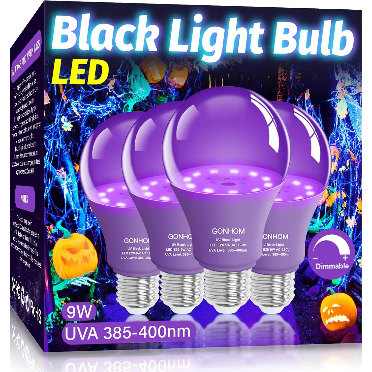Black Light Bulbs 4 Pack, Dimmable 9W Black Lights Replace Up to 100W