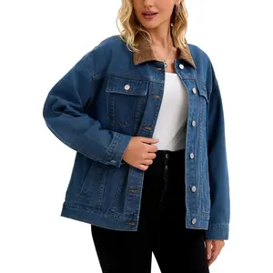 INSPIRE CHIC Women's Denim Corduroy Collar Long Sleeves Button Down Western Shacket Jean Jackets Dark Blue Large