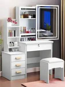 34.8" Elegant White Makeup Vanity Desk With Sliding Lighted Mirror & Touch Control 3-Color Adjustable Lights, 4-Drawer Dressing Table Set With Stool, Storage Shelves – Modern Space-Saving Vanity Table For Bedroom, Perfect Gift For Little Girls