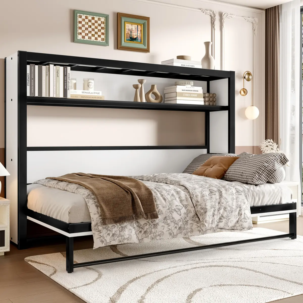 Twin Size Horizontal Metal Murphy Bed, Heavy-Duty Foldable Wall Bed Frame Twin Murphy Bed Cabinet with Shelves for Guest Room Bedroom Office