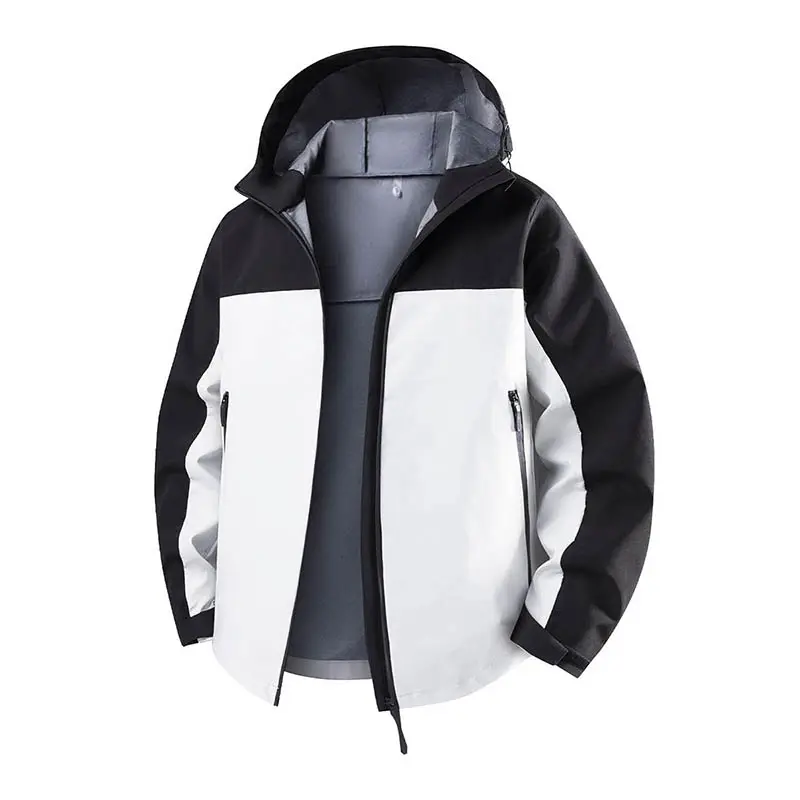 Men’s patchwork hooded softshell jacket for outdoor activities—waterproof, windproof, mountaineering apparel with a functional, casual design