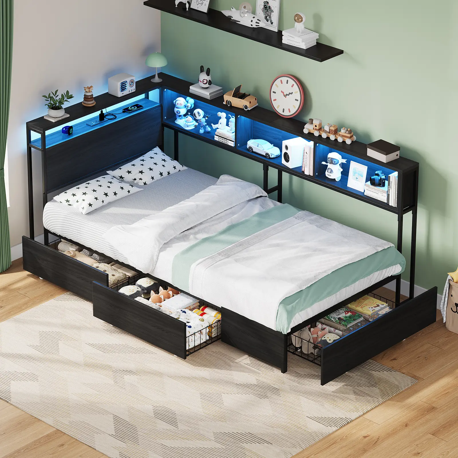 FUSOU RGB LED Corner Bed Frame with 3 Storage Drawers [FRAME ONLY NO MATTRESS] , Bookcase Headboard with Charging Station, Twin Size Metal Platform Corner Bed Frame, No Box Spring Needed Twin Daybed for Kids Teens Guests, Black,Deals For You Days