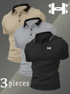 Men's Quick-Dry Polo Shirt Set, Geometric Print, Breathable & Comfortable, Sporty Style, Lightweight Fabric, All Seasons Wear