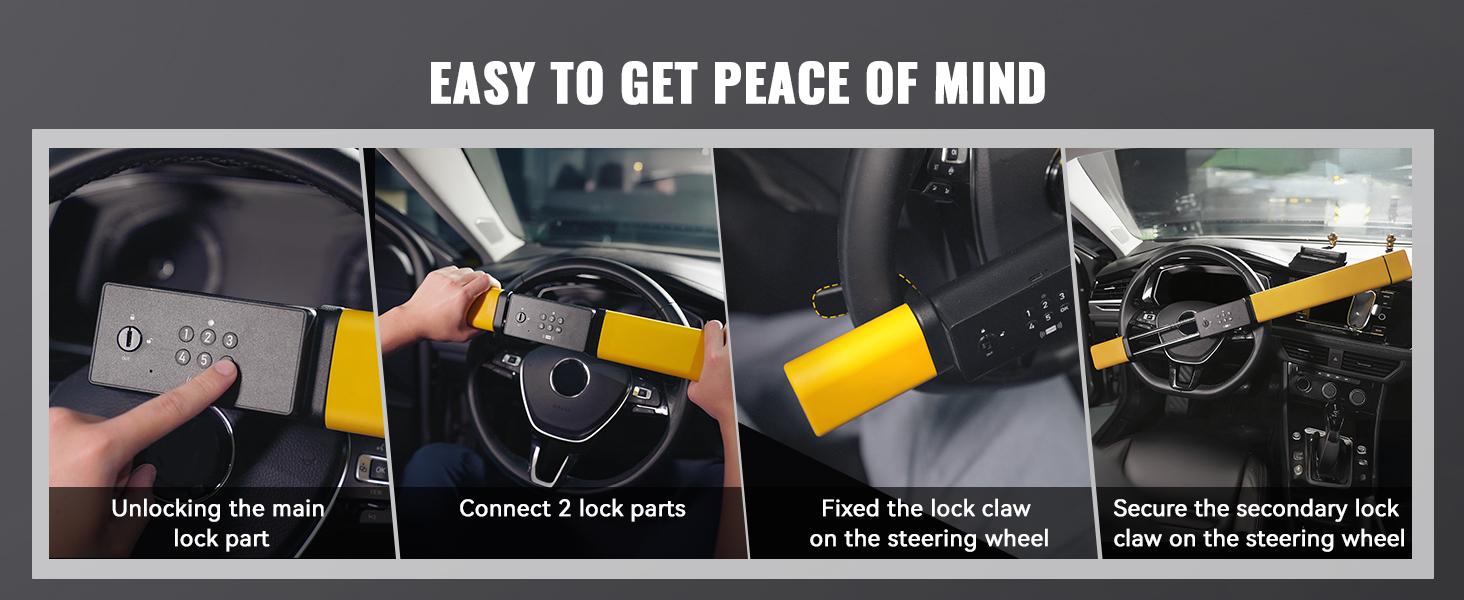 Porbi AI Steering Wheel Lock with Password + IC Card + Keys Unlocking, Heavy-duty Car Anti-theft Device with Incorrect Entry Alarm & Anti-Tamper Alarm, Fits 8.9–16" Truck Van SUV Car Wheels, Yellow