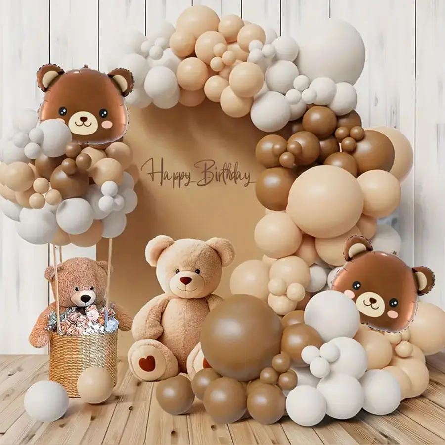 142pcs Patchwork Cartoon Bear Khaki & White Latex Balloon Arch Kit with Tools, Balloon Arch Decoration for Baby Shower, Birthday Party, Festive Home & Event Decor Supplies