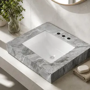 ARCH 24-Inch Light Gray Sintered Stone Countertop with Undermount Ceramic Bathroom Sink, Scratch & Water Resistant Vanity Top, 3 Pre-Drilled Faucet Holes, Overflow, Modern Rectangular Basin for Bathroom Remodel, Light Gray Color Options