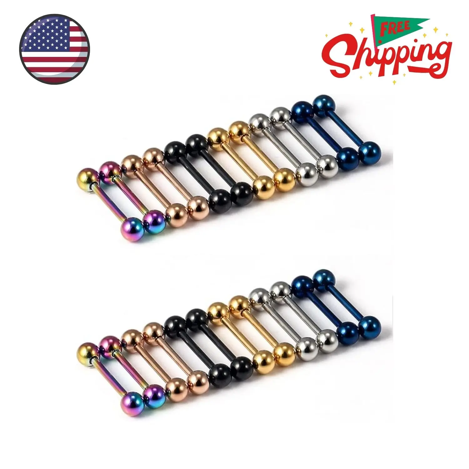 24pc 14G 16G Mixed Color Surgical Stainless Steel Straight Barbell Tongue Rings Bars