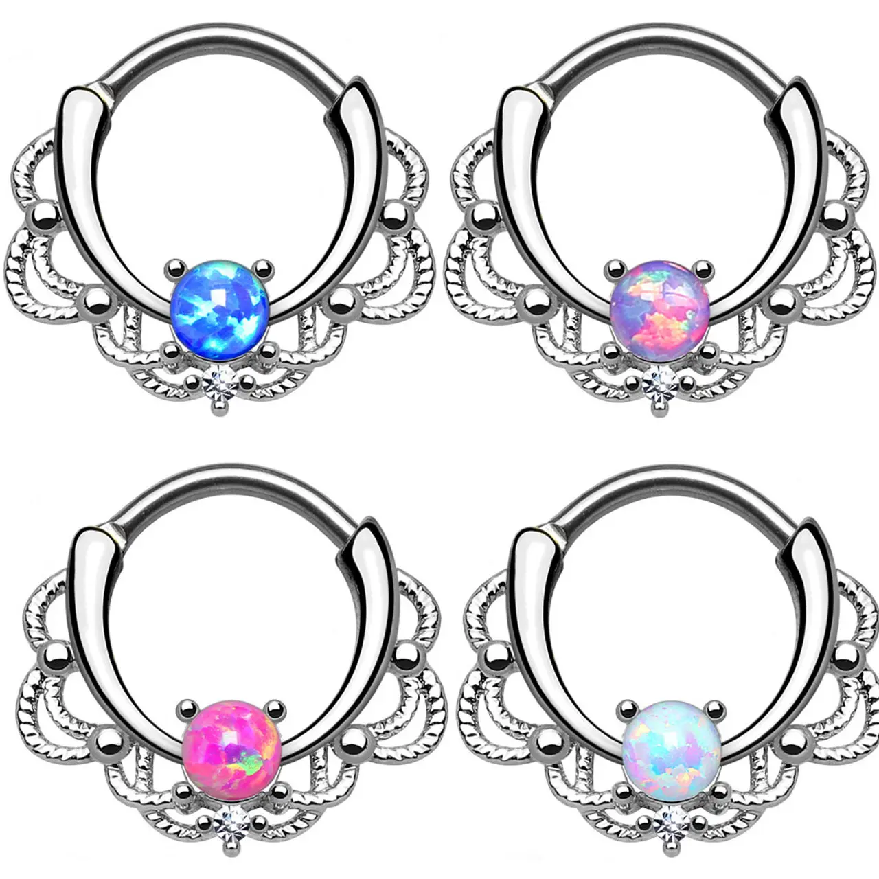 16ga Septum Piercing Clicker - Lacey Single Opalite and Clear CZ Gem