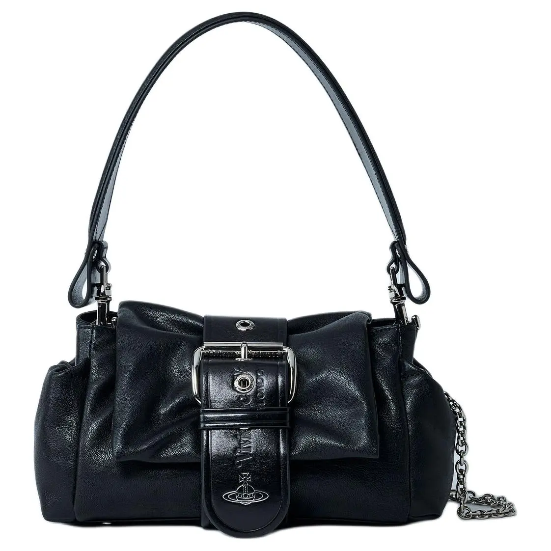 Women's Vivienne Westwood HAZEL Genuine Leather Lightweight Crossbody Bag, Black with Silver Logo