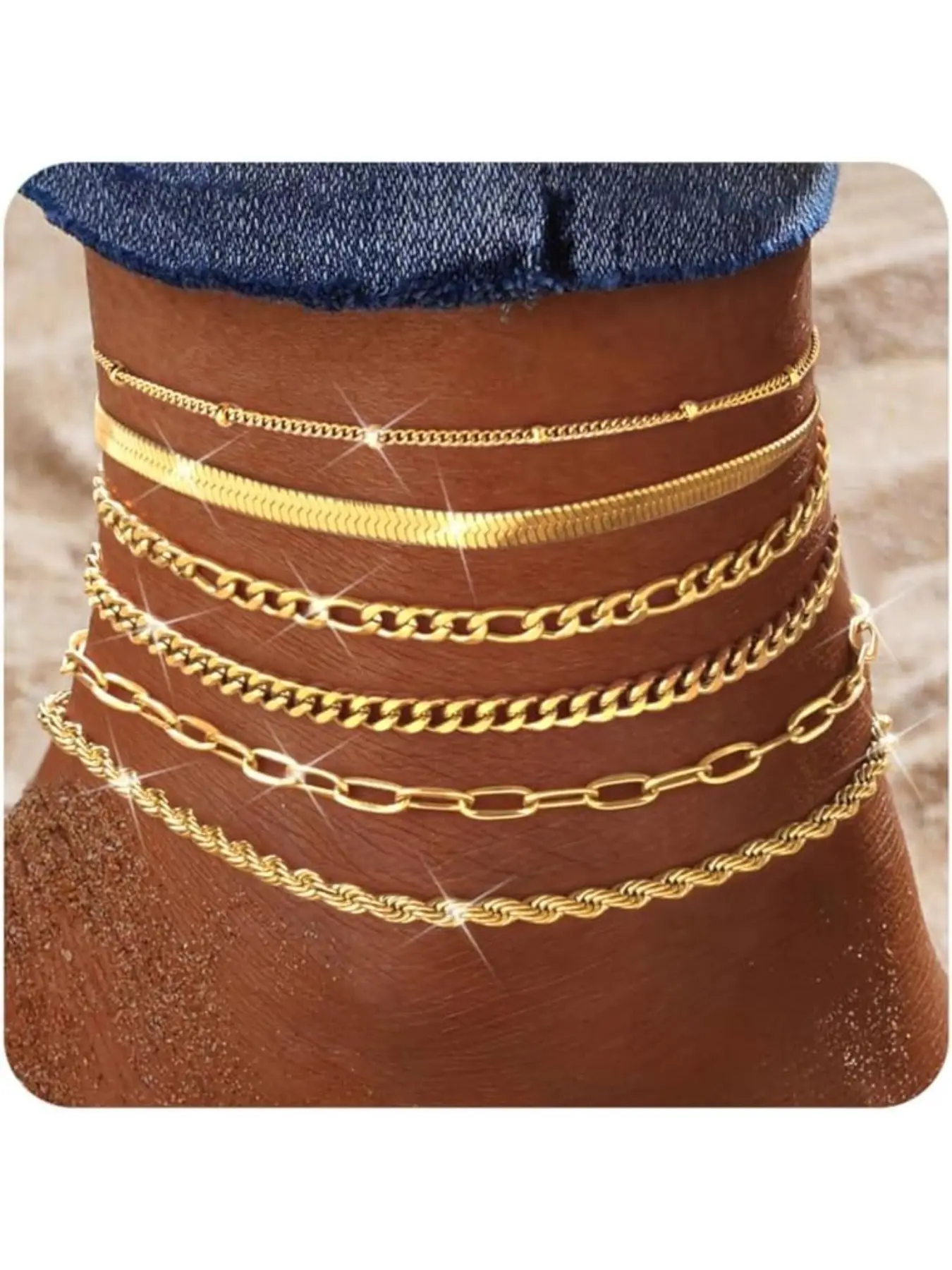 6pcs 14K Gold Plated Ankle Bracelets for Women, Waterproof & Non-Tarnish, Hypoallergenic Stainless Steel Cuban Link Chain Anklet Set, Stackable Layered Beach Jewelry, Adjustable Dainty Anklets, Gift Set