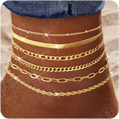 6pcs 14K Gold Plated Ankle Bracelets for Women, Anklet Fashion Accessories, Waterproof & Non-Tarnish, Hypoallergenic Stainless Steel Cuban Link Chain Anklet Set, Stackable Layered Beach Jewelry, Adjustable Dainty Anklets, Gift Set
