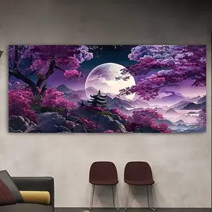 1pc Unframed Modern Abstract Canvas Painting Landscape Oil Painting, Wall Art, Canvas Art, Purple Background, Moon, Trees, Posters, Vintage Ink, Art Printing Walls For Living Room And Home, (Frameless)