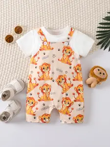 Summer Baby Boy Girl Clothes Set, Cartoon Print Lion Footprint Design, Round Neck Flat Pants, Cute Two-Piece, Baby Clothing Outfit