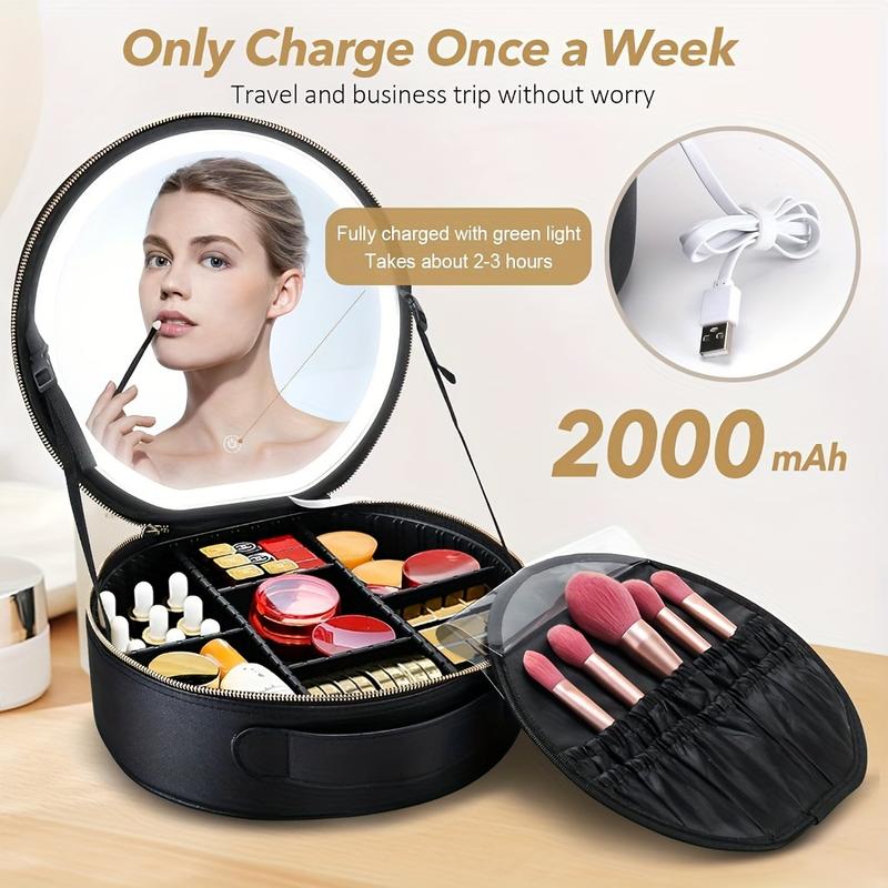 Makeup Bag Cosmetic Case Round Cosmetic Case Portable Travel Makeup Train Case Beauty Box, Cosmetic Case With Mirror With Light, Adjustable Dividers Brush Pouch