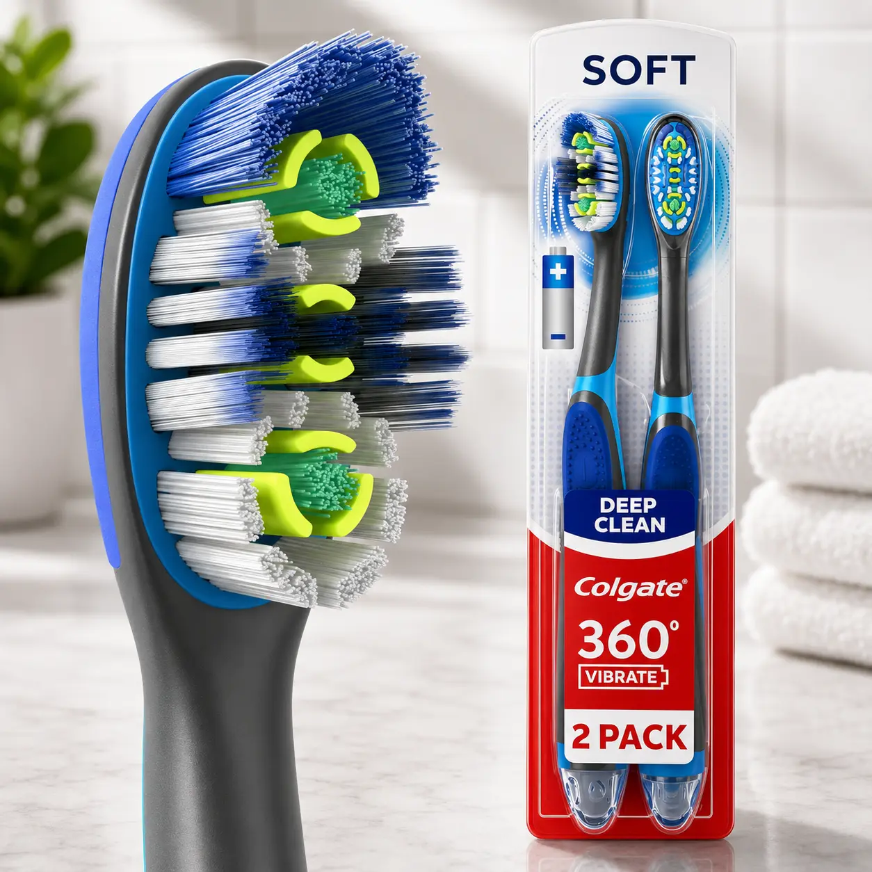 Colgate 360 Advanced Floss Tip Soft Toothbrush, 2 Pack | Adult Manual Toothbrushes, Advanced Floss-Tip Cleaning Bristles, Easy-To-Open, Recyclable Packaging