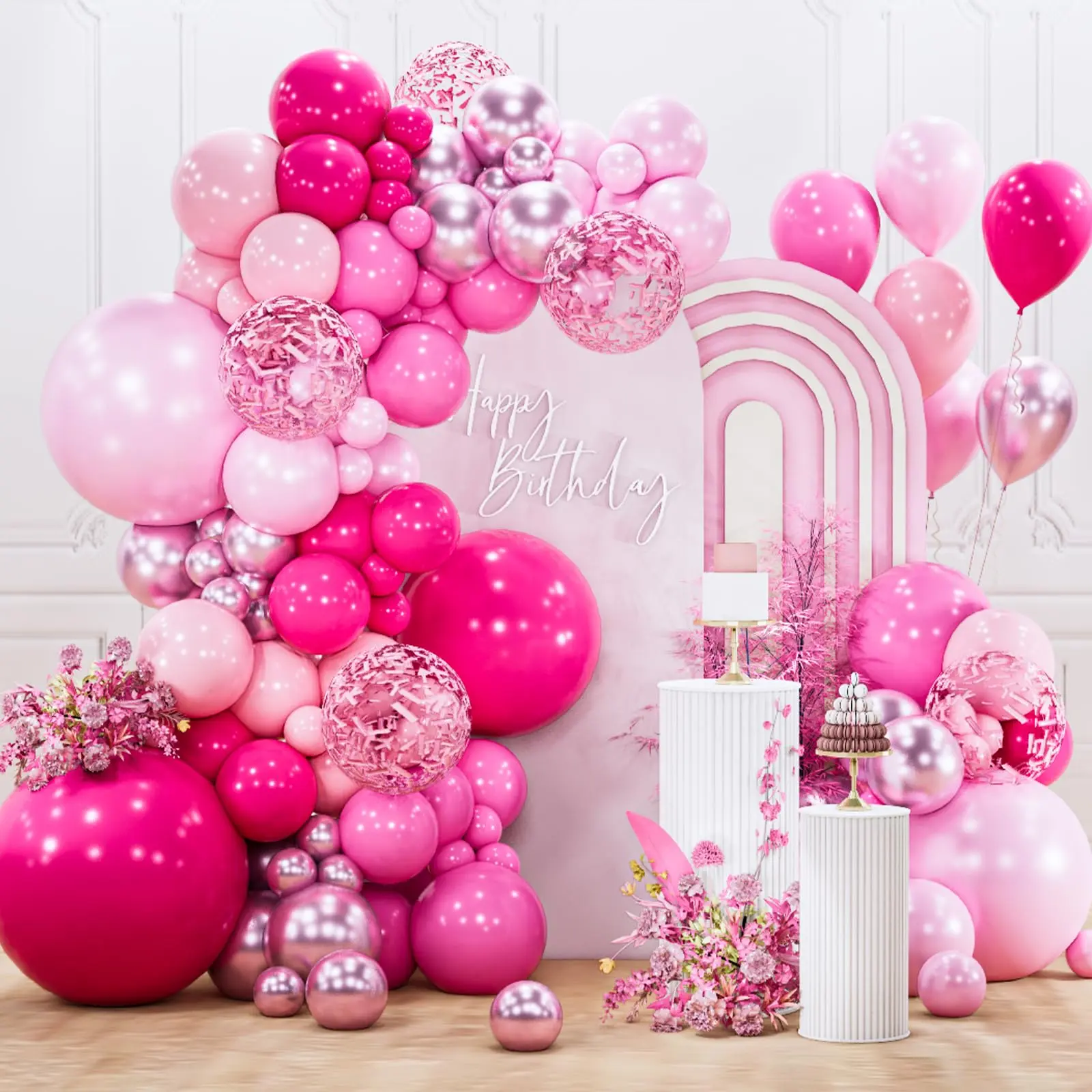 PartyWoo Hot Pink Round Balloon Arch Garland Kit (142pcs, 18/12/10/5in) with Hand Pump - Decorative, Colored, Festive Balloon Clusters for Baby Shower, Birthday Decorations (Magenta, Fuchsia, Light Pastel, Pale Pearl, Metallic Shades), Decorative Balloons