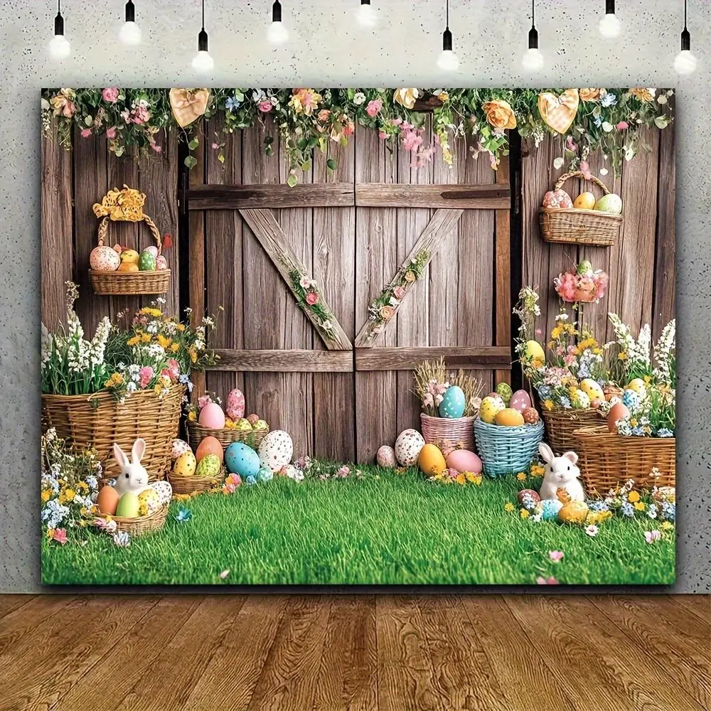 1PC Polyester Easter Theme 2D Flat Photography Backdrop Banner - Spring Grass, Wooden Door, Rabbit, Easter Eggs Decor, Reusable Photo Prop for Kids' Photo Shoots, Happy Birthday & Festival Party Supplies