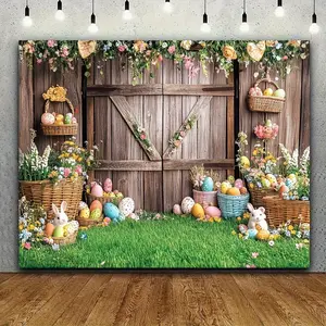 1PC,2D Flat Easter Theme Photography Backdrop, Spring Grass Wooden Door Rabbit Easter Eggs Decor Background Cloth, Photo Prop Backdrop for Kids' Photo Shoots & Festival Party Decorations