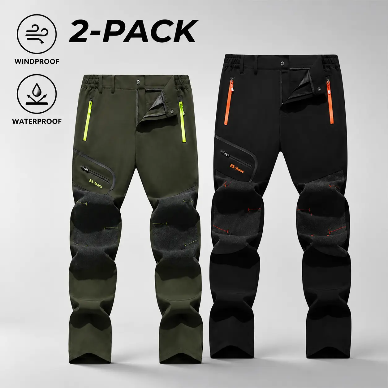 2-Pack Men's Waterproof & Wear-Resistant Outdoor Pants 2-Pack Softshell Material with Zippered Pockets for Hiking Climbing & Sports Activities belt high rise jogger