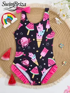 Briza｜Girls Stretchy Matte One Piece Swimsuit In Black Ice Cream Watermelon Print, A Cute One Piece Bathing Suit And Bathing Suits For The Summer Pick With Pink Ruffle Leg Trim, Scoop Neck Straps, Quick-Dry Pool Party Style