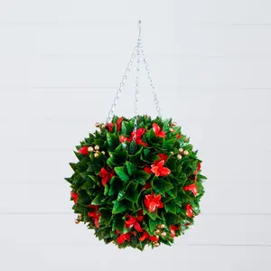 15" UV Resistant Artificial Red Tip Photinia Christmas Hanging Ball with Gold Berries (Indoor/Outdoor)