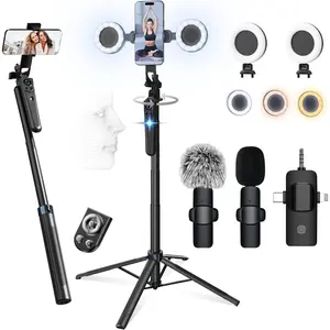 71" Content Creator Essentials Vlogging Kit - 2 Lights & 2 Mics, 360? Rotating Auto   Tripod for /Android/Camera with  Remote, No App for Vlog, Live, Video Record