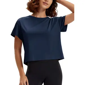 Workout Crop Tops for Women Short Sleeve Cotton Athletic Yoga Top Loose Casual Crewneck Cropped T Shirts 2026