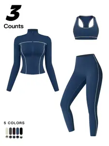 Women's Sporty Casual Three-Piece Set, Yoga Outfits, color-blocked bra & Leggings & Open Front zip-up Outerwear for Yoga Pilates Gym Workout Running, Ladies Sporty Style Clothes for All Seasons, Comfortable & Stylish Design for Daily Wear