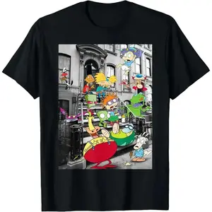 Nickelodeon Classic Nicktoons Hanging On Stoop Shirt | Vintage Nicktoons Cartoon Graphic Tee | 90s Nickelodeon Retro T-Shirt | Unisex Classic Cartoon Fan Tee