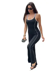 Casual Open Back Stripe Detail with Flare Pant Fitted Jumpsuit