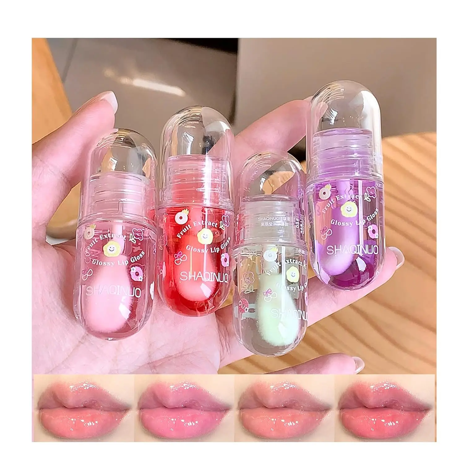 Summer Spring Gift 4 Pcs Lip Gloss Oil Set, Fruit Flavored Lip Gloss Set Cute Lip Jelly Hydrating Lip Make-Up for Women, Party Gift, Non-toxic