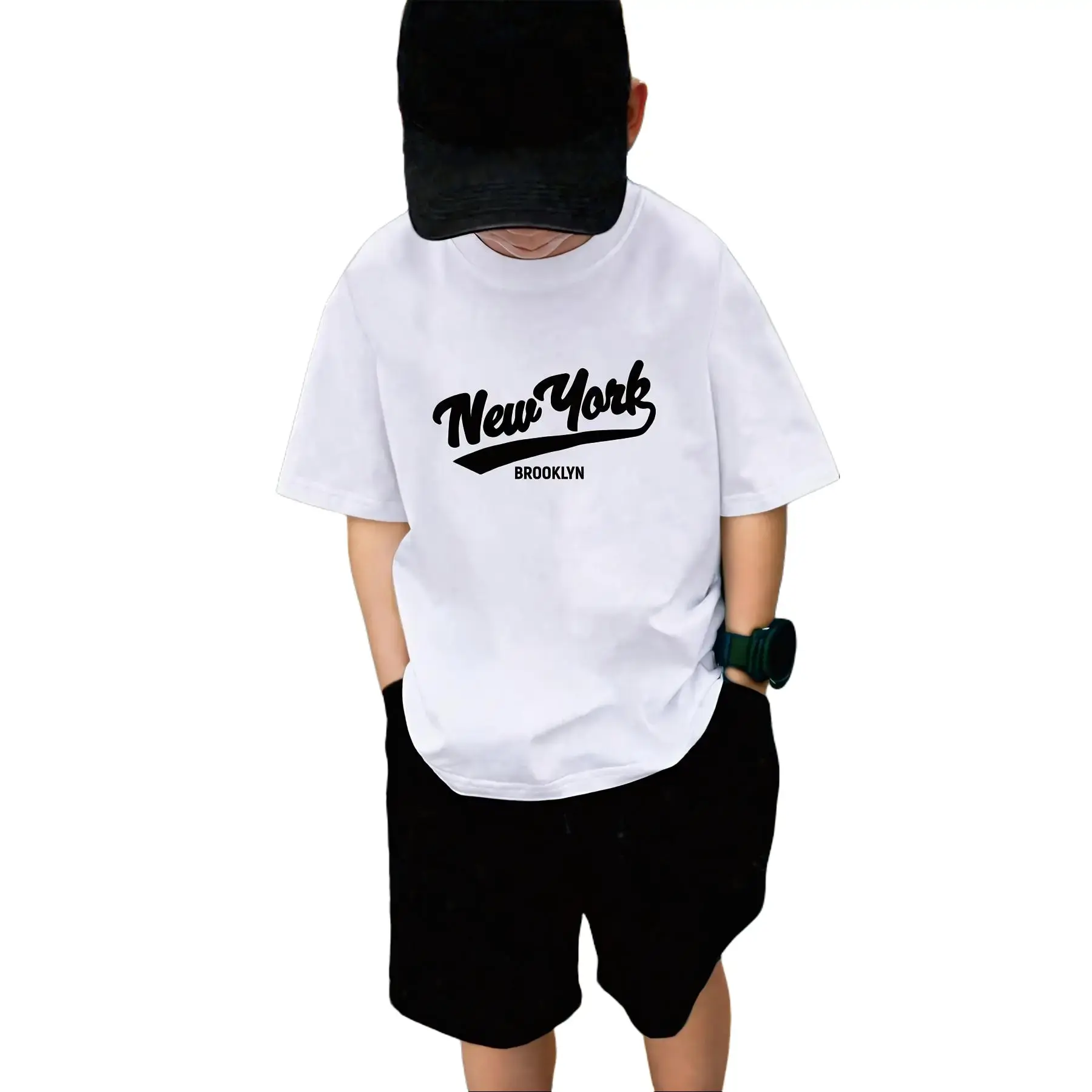 Boys' Brooklyn Letter Graphic Tee - 100% Pure Cotton Comfy Tshirt, Minimalist Crew Neck Round Neck Casual Top, Soft Breathable All-Season School Wear, Basic Cute Cotton Tee, Hand Wash, 11-12Y(150cm) Kids Clothing