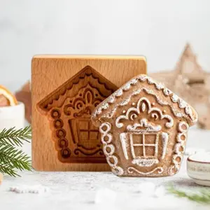 Carved Wooden DIY Cookie Molds Embossing Press Stamp Baking Cutter for Gingerbread Biscuit Kitchen Baking (House)