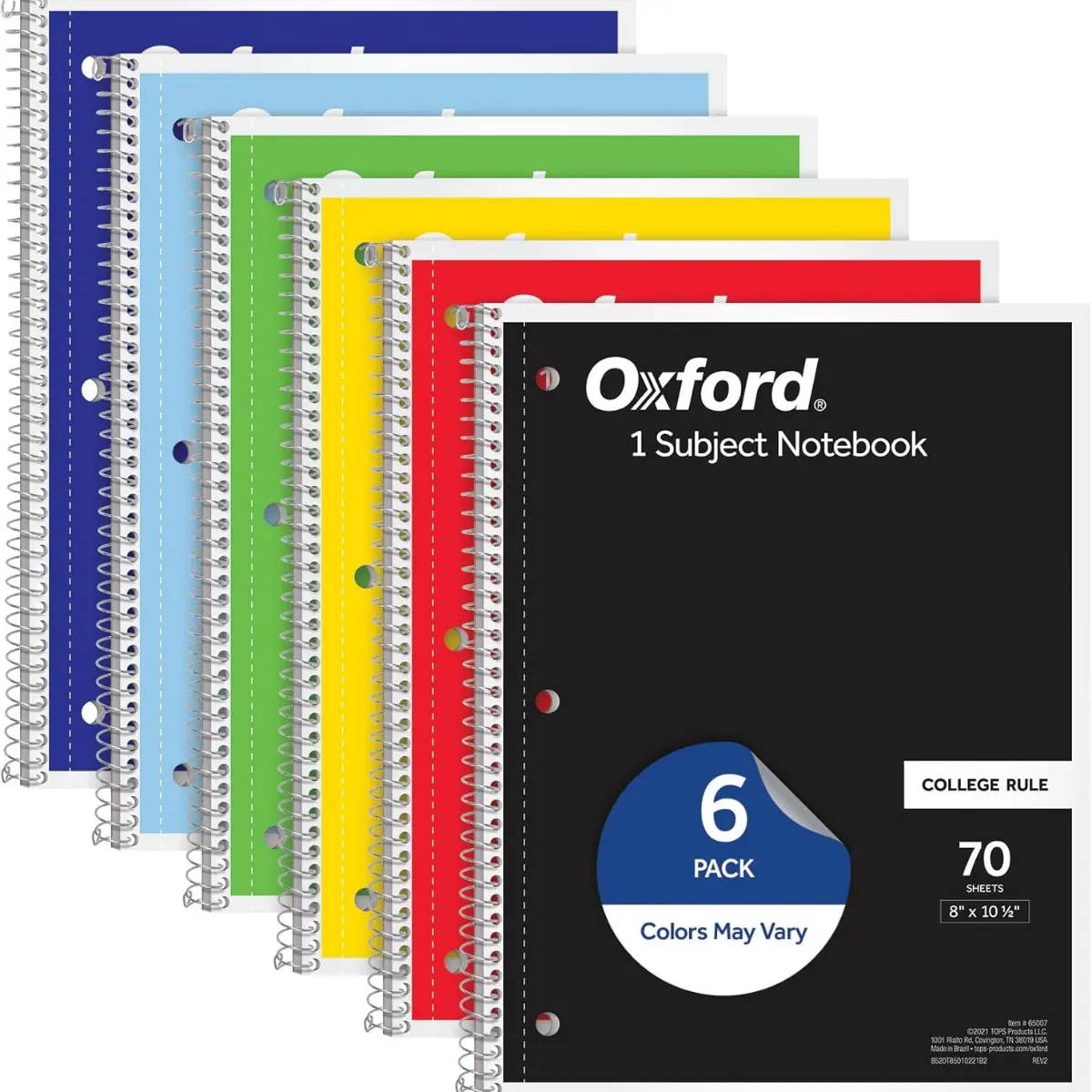 6-Pack College Ruled Notebooks, 1 Subject, 8x10.5 Inches, Assorted Colors (Design May Vary, Model 65007)