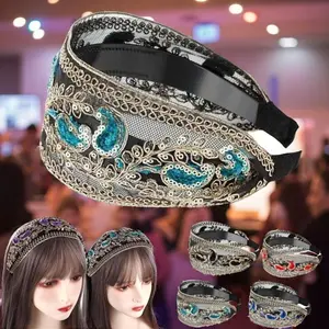 Bridal Rhinestone Headband - Floral Embroidered Sparkly Wedding Hairpiece Non Slip Teeth Elegant Headwrap​