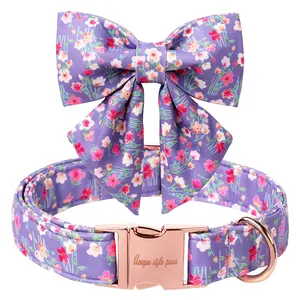 Unique Style Paws Purple Floral Dog Collar with Sailor Bow for Puppy Small Medium Large Dogs, Metal Buckle Dog Accessory for Cute Male Female Dogs