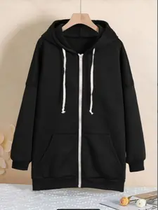 【Plus Size】 Basic Solid Zip Up Hoodie, Casual Drawstring Pocket Long Sleeve Hooded Sweatshirt for Fall & Winter, Women's Clothing for Daily Wear, Womenswear