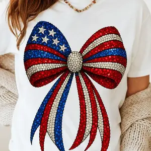 Imitation Crystal American Style Bowknot PNG, Red White Blue 4Th of July, Patriotic American Memorial Day Shirt Design 3 Letter Pattern, Trendy Short Sleeve T-Shirt, Letter Print T-Shirt, Regular Round Neck, Pure Comfortable Breathable Fabric