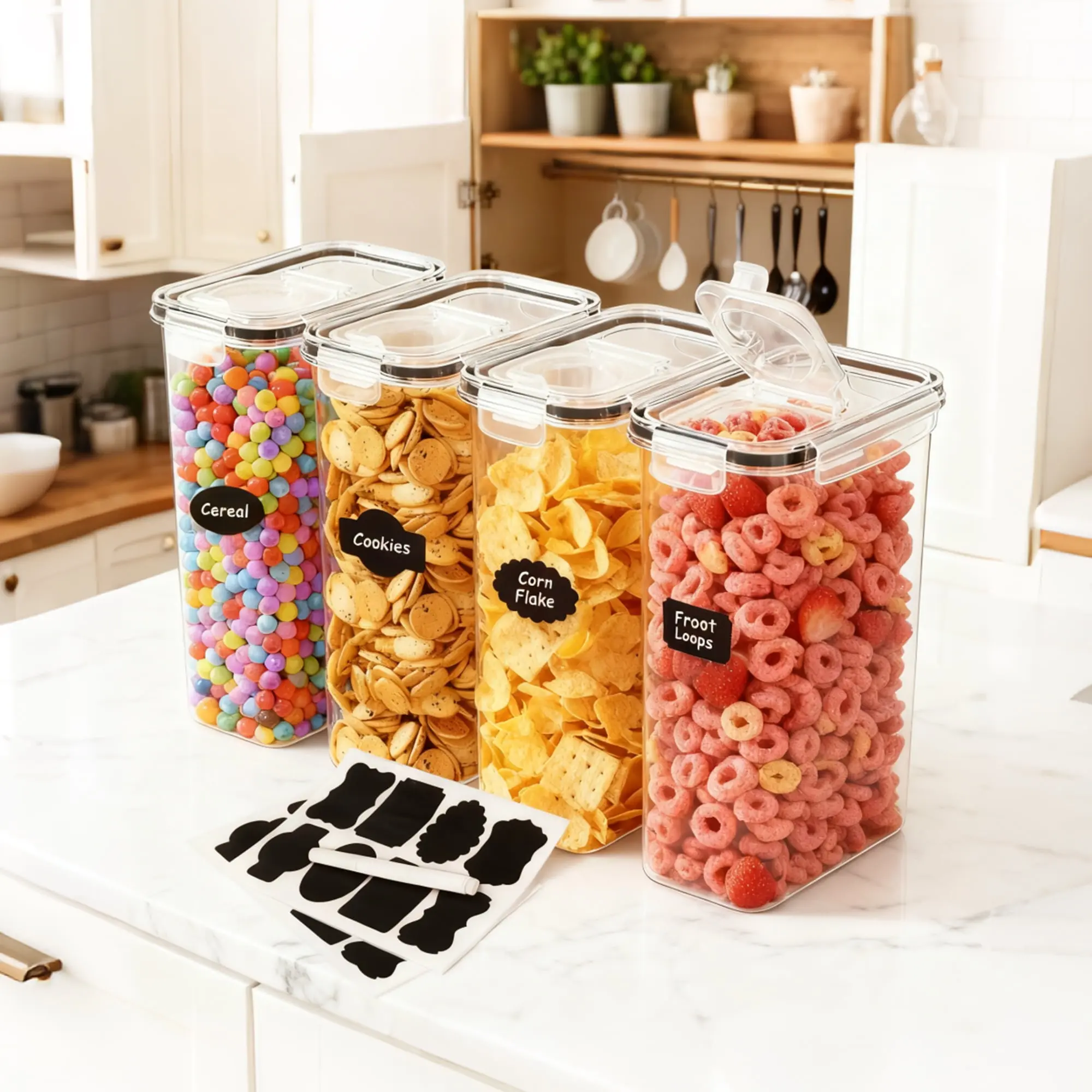 Pet Food Cereal Container 4-Piece Plastic Set - Airtight,Dustproof,Leak-Proof Lids, 138.8 fl oz (4.1L) Extra-Large Capacity, Lid Storage, Practical Kitchen Pantry, Pantry Cabinet Organization, Easy Clean Feeding Supplies