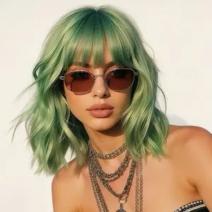 St. Patrick's Day Green Wig with Bangs, 14" Bob Curly Green Hair for Women, Heat Resistant Synthetic, Glueless Cap, Perfect for Parties, Music Festivals, Concerts, Cosplay, Gender Reveal & Daily Wear