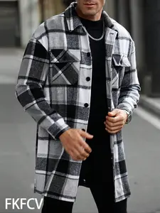 Men's Button Front Long Sleeve Shirt, Casual, Two-Tone Checked Plaid Design, Extended Length with Dual Pockets, Spring & Fall Fashion